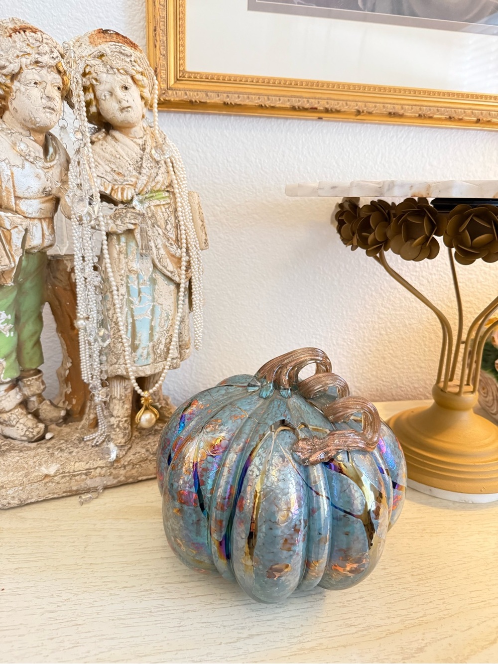 Vintage Handblown Art Glass Iridescent Pumpkin